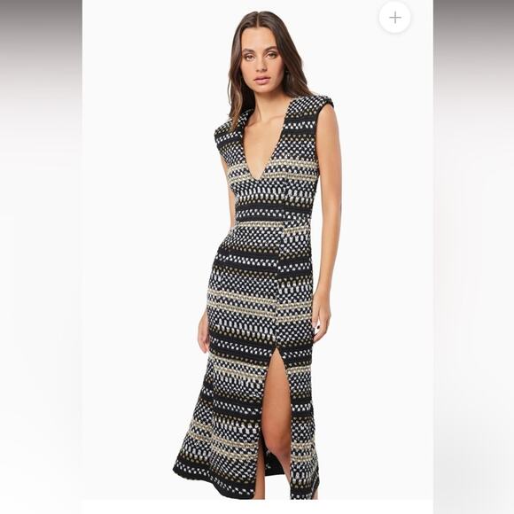 elliatt margie black & white tweed chevron deep v slit midi dress size small NEW - Picture 1 of 16